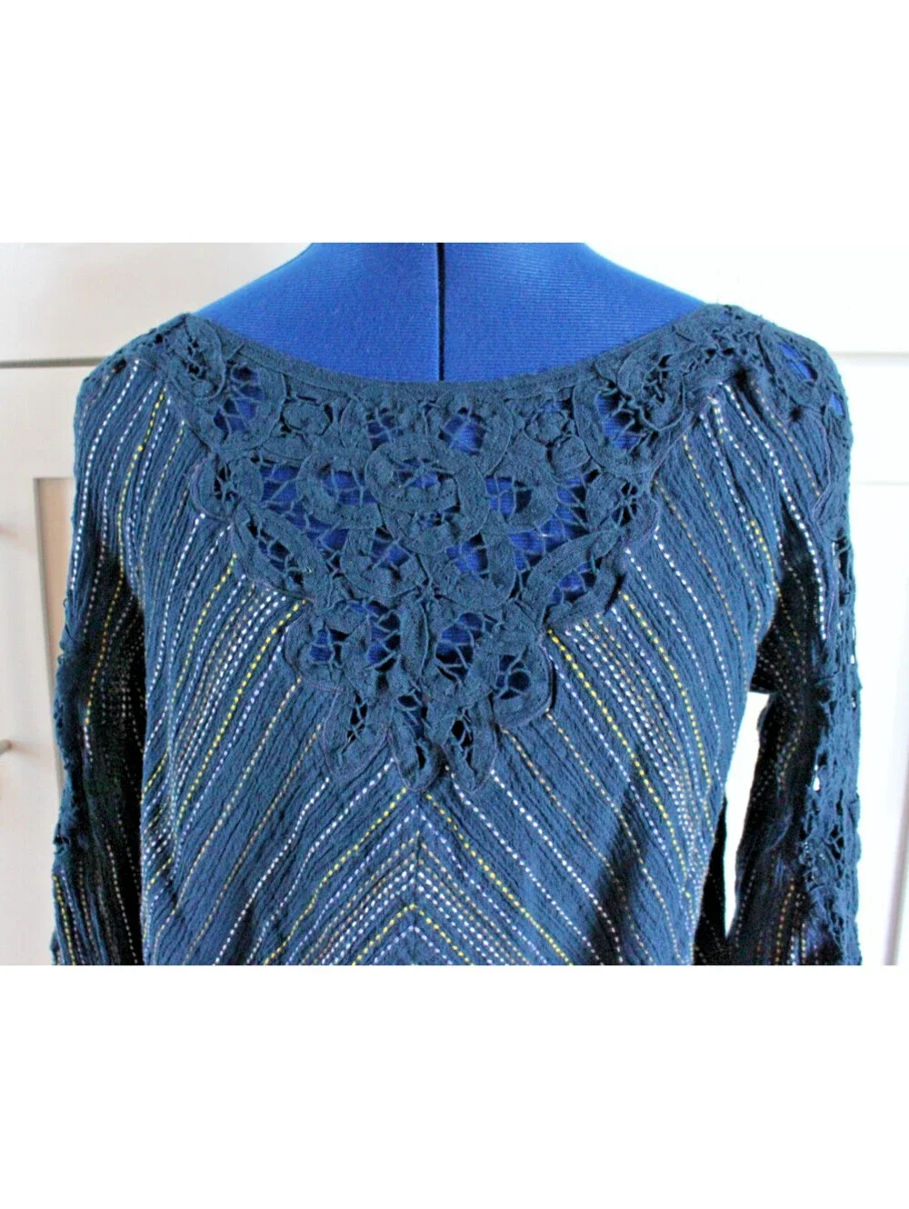 Free People Floating Memories Blouse Navy Lace Balloon Sleeve Boho Top XS